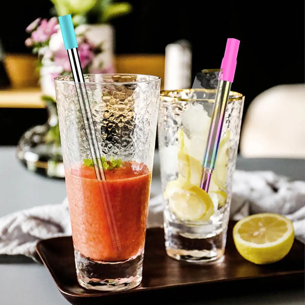 2 Pack Telescopic Reusable Straws Metal Stainless Steel with Filter Hole Telescopic Cleaning Brush, Silicone Tips