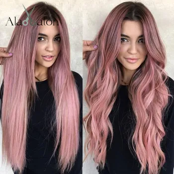 

ALAN EATON Long Wavy Synthetic Wigs Ombre Black Pink Wigs for Women Cosplay Natural Middle Part Hair Wig High Temperature Fiber