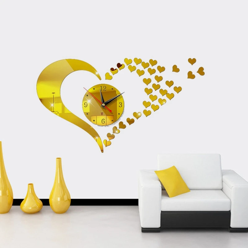 

Modern DIY Heart 3D Mirror Surface Large Number Wall Clock Modern Design Living Room Decoration Wall Stickers reloj de pared