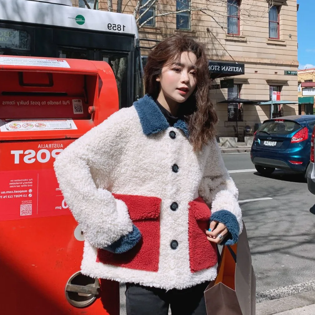 

Photo Shoot Main Push CHIC Sweet by Age Lambs Wool Apricot Contrast Color Joint Fold-down Collar Single Breasted Woolen Jacket W