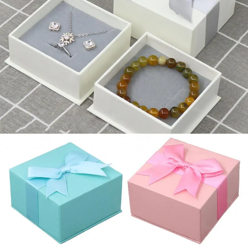 Practical Multifunctional Stylish Convenient Square Solid Color Bow Design Ring Necklace Earrings Jewelry Storage Box Case hot sale 10 pcs lot magnet buckle flip bag earrings necklace bracelet ring storage bag microfiber convenient to travel and carry
