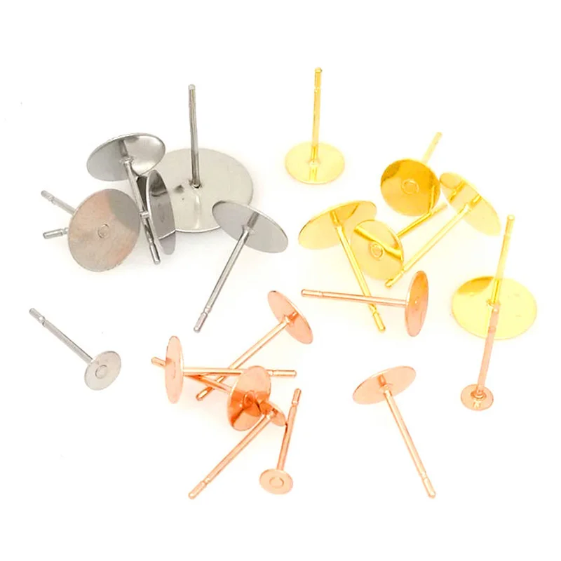 

100pcs Stainless Steel 4 5 6 8 10 12 14mm Flat Earring Stud Base Setting For DIY Jewelry Making Accessories Findings Silver/Gold