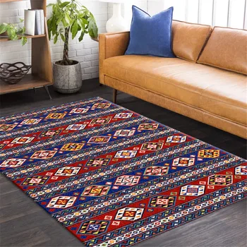 

Nordic Retro Red Blue Geometric Printed Ethnic Carpet Bohemia Bathroom Bedside Floor Strip Bedroom Mat Mat Mat Plaid Colorful