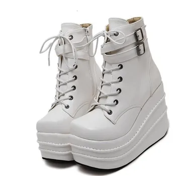 

Size 35-43 Botas Mujer Plataforma New Winter Womens Boots Punk Style White Wedge High Heel Boots Lace Up Wedge Platform Boots