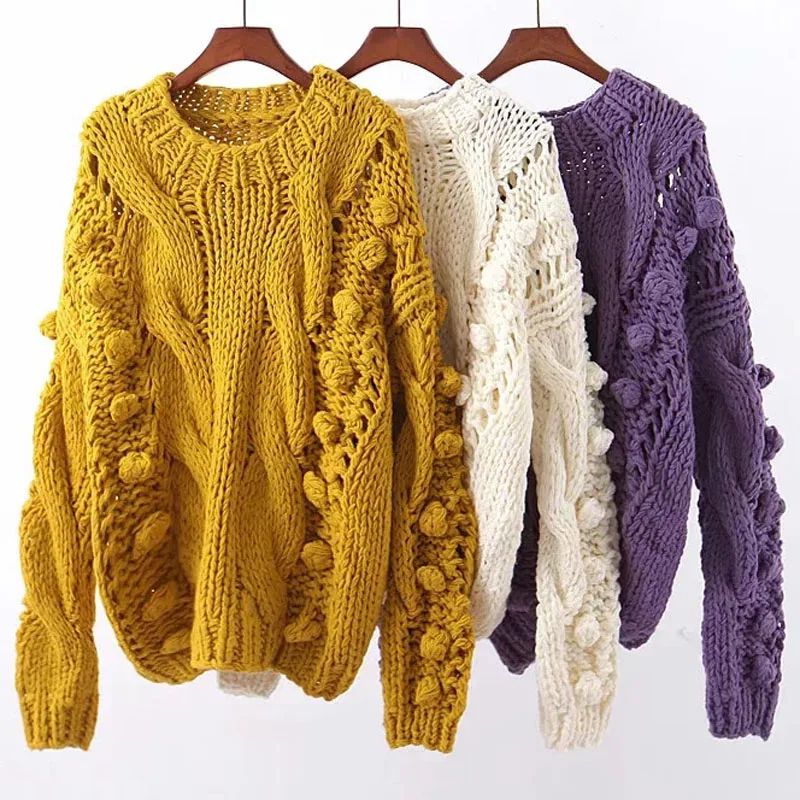 

2019 New Autumn Winter Women's Cute Ball Twist Braid Pattern Hand Made Lazy Cozy Sweater Warm Thick Knitwear Tops WZL1557
