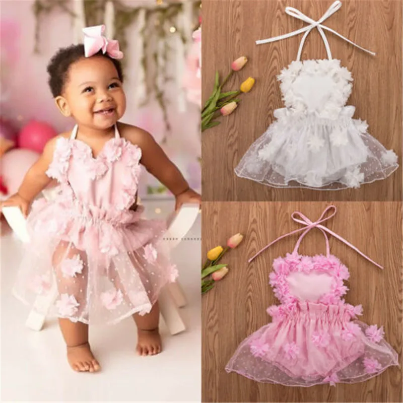 Платье для новорожденных девочек от 0 до 3 лет кружевное Сетчатое платье принцессы без рукавов для девочек, однотонное розовое и белое боди для девочек, одежда