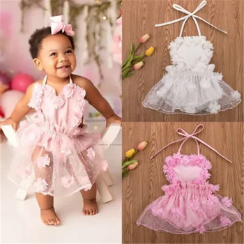 

0-3 Years Newborn Baby Girls Dress Sleeveless Lace Mesh Princess Dresses For Girls Solid Pink White Bodysuit For Girls Clothes
