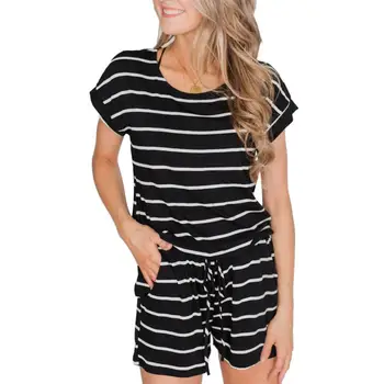 

Summer Striped Solid Color Women Short Sleeve Drawstring Shorts Jumpsuit Romper