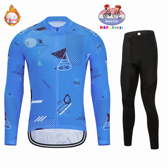 2021 Kids Long Sleeved Winter Thermal Fleece Cycling Jersey Sets Keep Warm Children Balance Bike Clothing Baby Pad Body Suits 1
