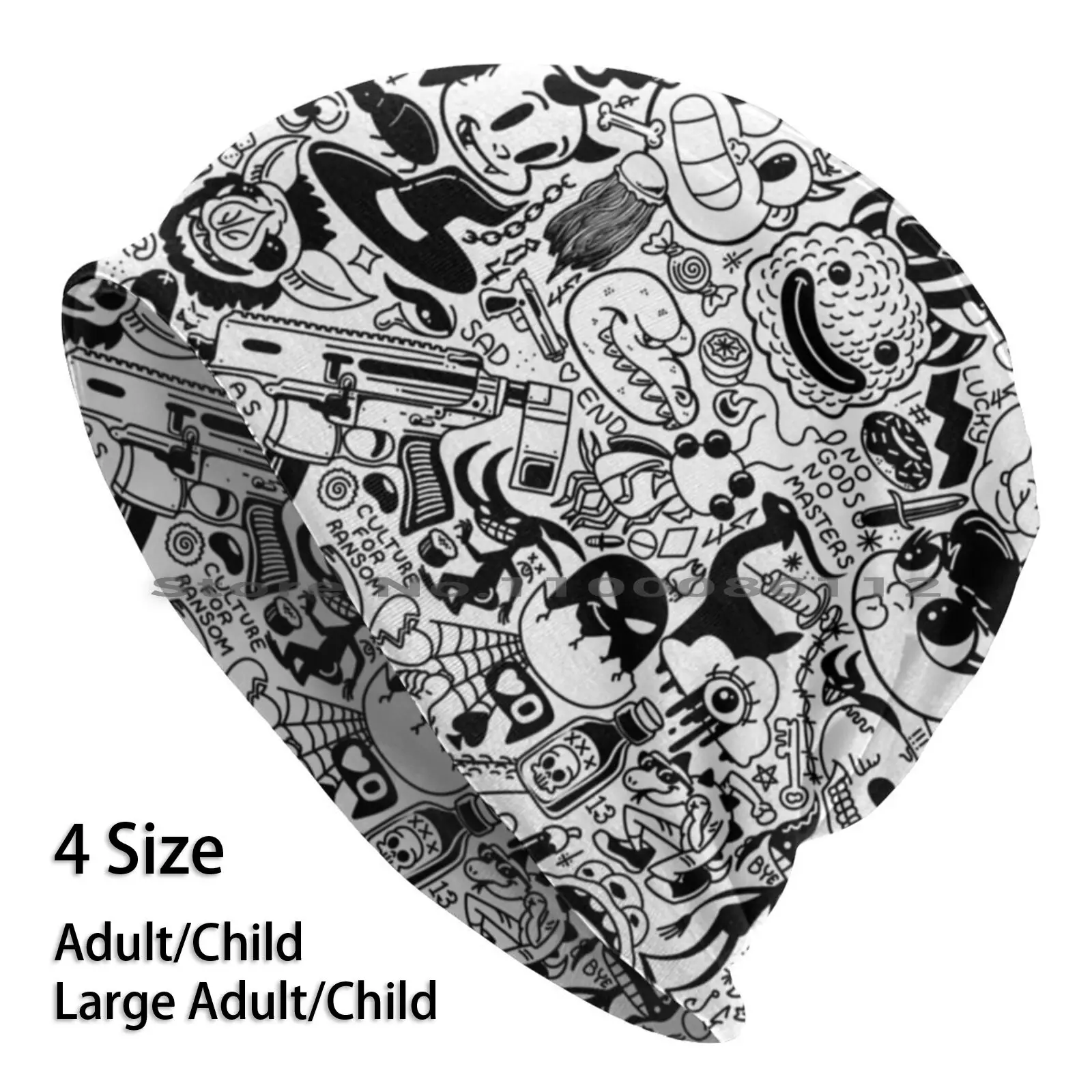 Doodle Tile Berretti Cappello Lavorato A Maglia Cartoon Bianco E Nero Monocromatico Doodle Devil Eel Monsters Dream Satan Guns Urban Anime Manga