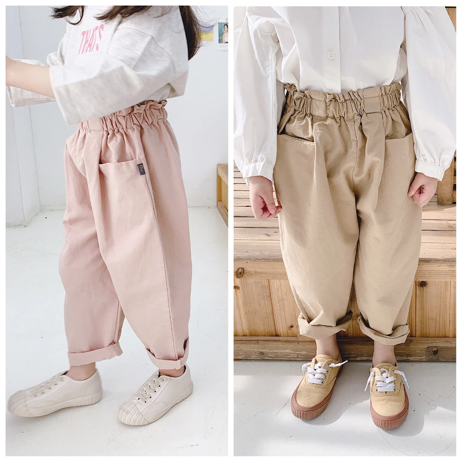 

Children Spring 2020 Girls High Waist Solid Color Cotton Casual Harlan Pants Baby Kids Pleated Loose Infants Trousers