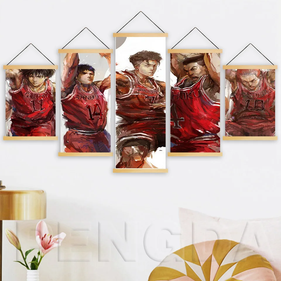 Canvas Solid Wood Hanging Nordic Style Painting 5 Panel Printed Anime Slamdunk Poster Modern Home Decoration For Children Room | Дом и сад