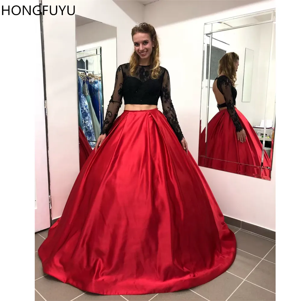 

HONGFUYU Two Pieces Evening Prom Dresses Vestidos De Gala 2019 Lace Long Sleeves Ball Gown Formal Party Gowns for Graduation
