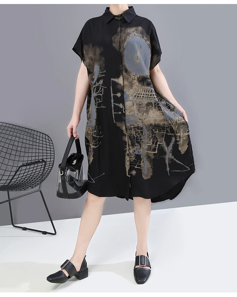 New Fashion Painted Style Black Vintage Shirt Dress