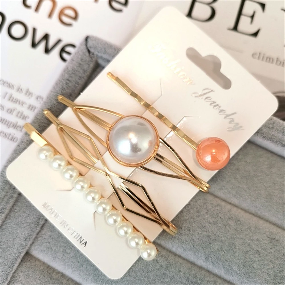 4pcs set Korea Fashion Metal Pearl Hairpins Women Colorful Beads Hair Clips Snap Barrettes Hairgrips Headband 3