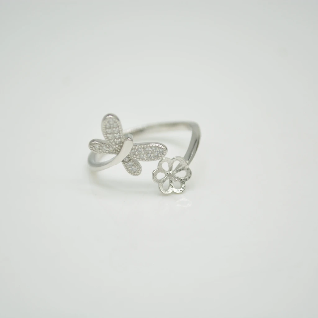 S925 Sterling Silver DIY accessories ring mountings female style micro inlaid butterfly pearl opening ring fittings wholesale