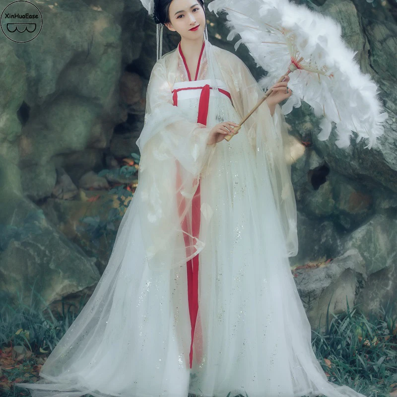 

XinHuaEase Hanfu Women's Chinese Style Dresses 3 and 6 Meters Skirt Fairy Elegant Daily Traditional Cosplay Dance Costumes White