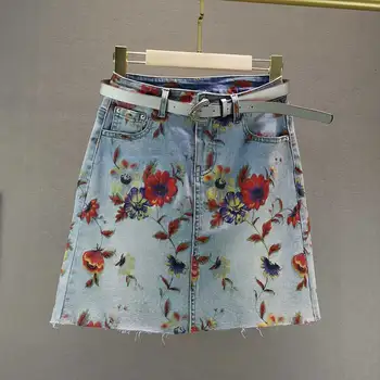 

Denim Skirt Women's Thin 2020 Summer New Elastic Loose High Waist Slim National Style Printed A- line Skirt