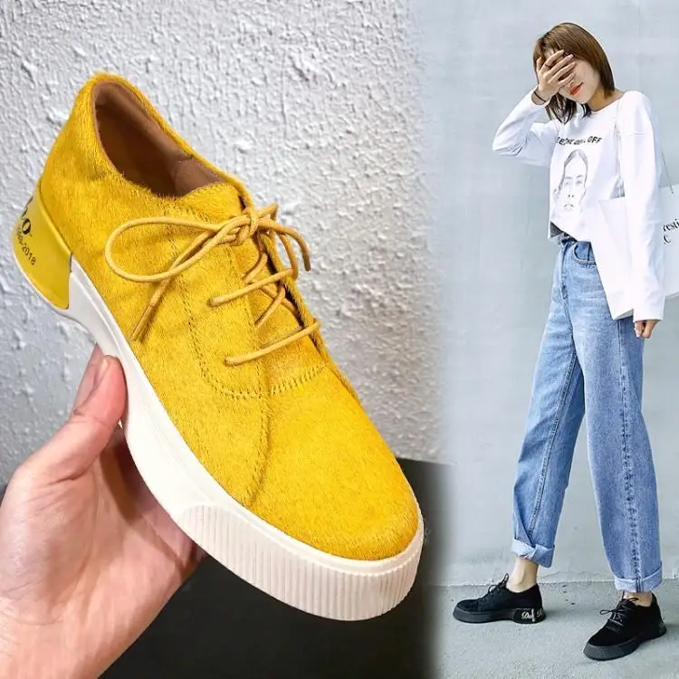 

Spring autumn shallow mouth women's shoes lace-up horse hair yellow black round toe shoes women fashion Casual shoes women