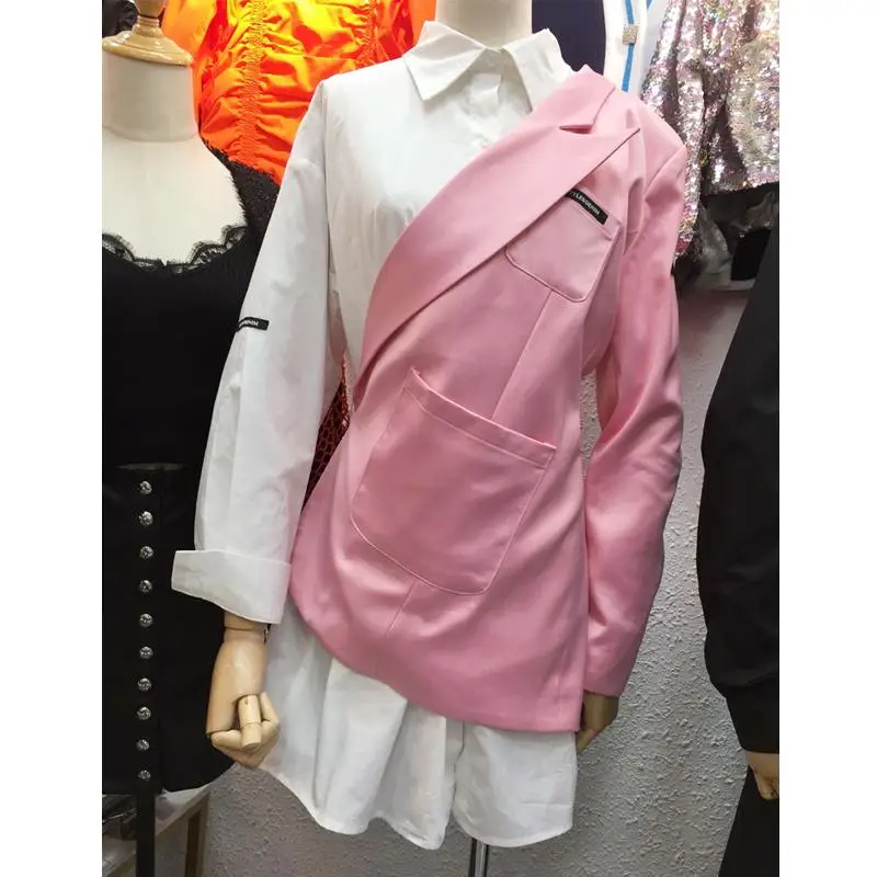 Getвесенние женские комплекты, необычный Женский блейзер с длинным рукавом, длинная белая рубашка, комплекты из двух предметов, Модный женский костюм, комплект на осень - Цвет: white and pink