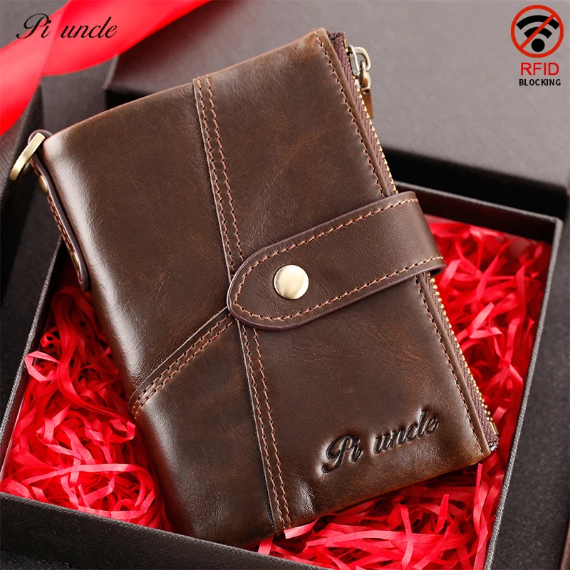 Genuine Leather Men Short Wallets Fashion Trifold Wallet Zipper Coins