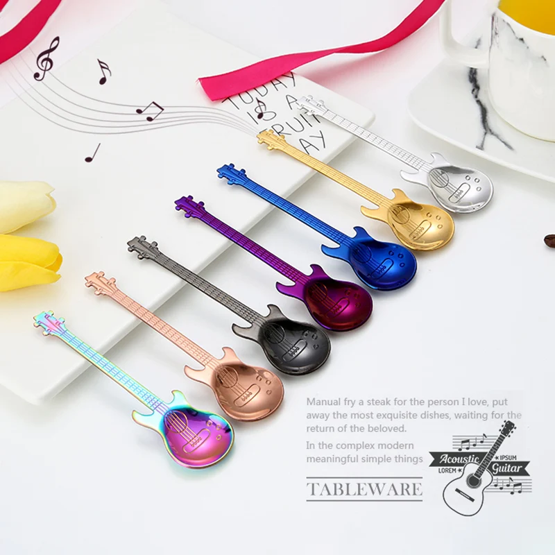 4PCS Guitar Coffee Spoons 304 Stainless Steel Musical Teaspoons Mixing Spoons Sugar Spoon Fashion Tableware Party gift stainless steel spoon tea spoon
