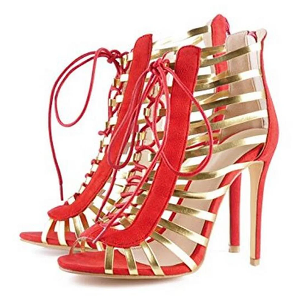 

Minan Ser Women's high-heeled sandals, fashionable and sexy 11cm high heels, suede gold ribbon combination