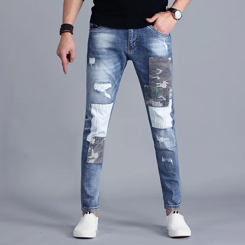 

Summer Ripped Patch Jeans Men Streetwear Blue Thin Jean Patchwork Stretch Denim Pants 2020 Fashion Slim Fit Distressed Trousers