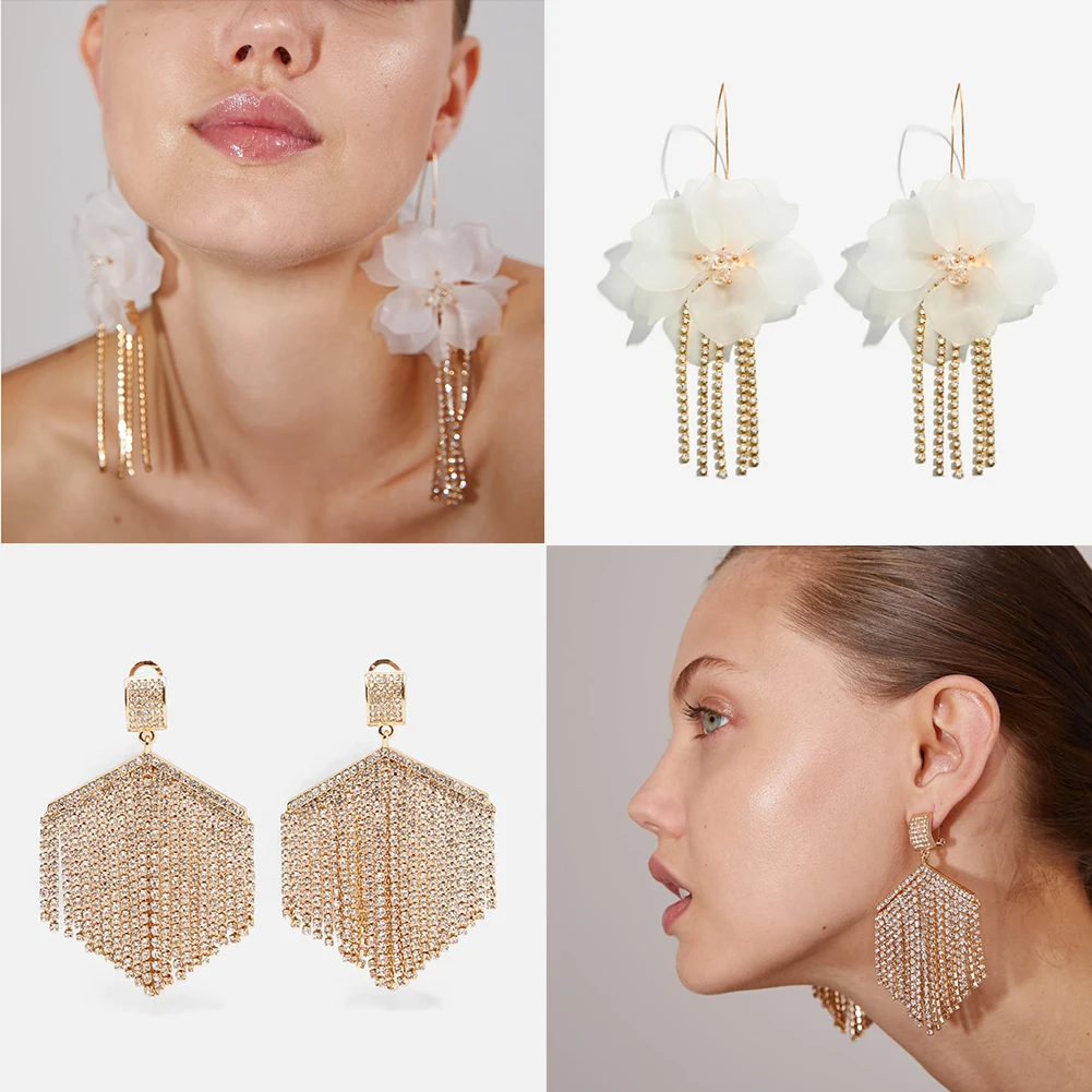 

Flatfoosie Trendy Za Tassel Crystal Drop Earrings for Women Geometric flower Earrings 2019 Statement Girls Jewelry Party Gifts