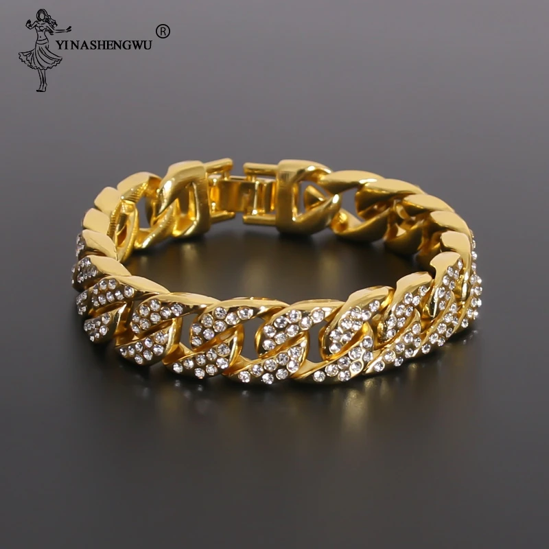 9 дюймов 14 мм хип хоп Bling Iced Out мужской браслет полностью Стразы проложенный