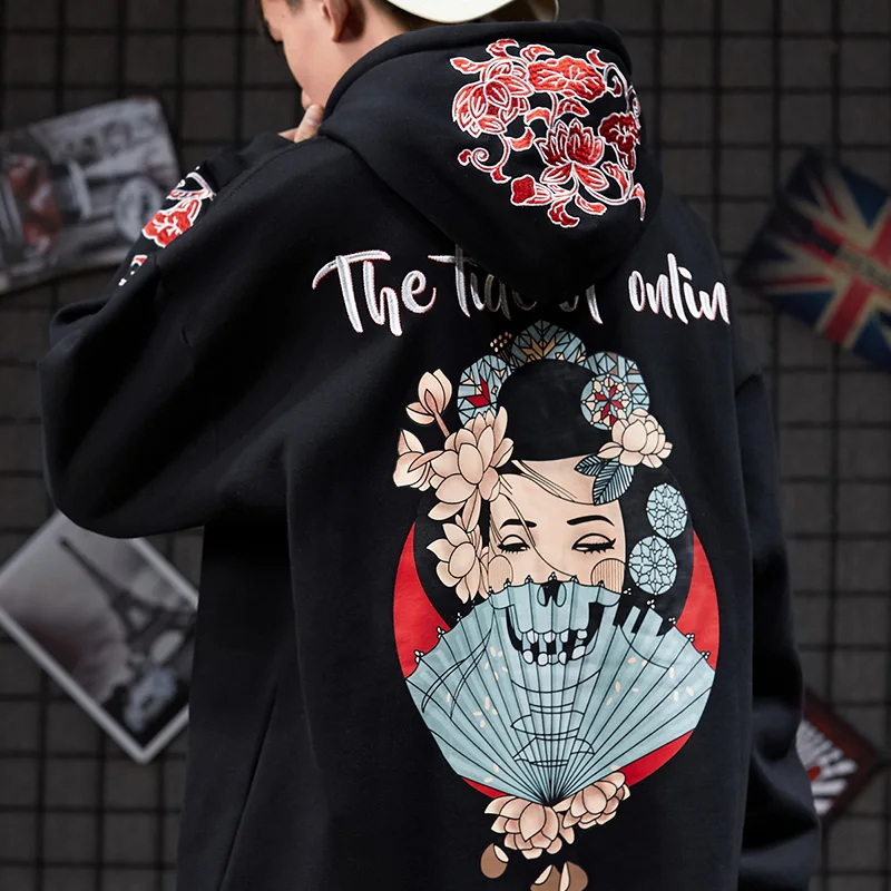 

High Quality Japanese Funny Cat Embroidery Print Men Hoodie Streetwear Loose Hooded Sweatshirts Fleece Mens Hoodie Hip Hop Hoody