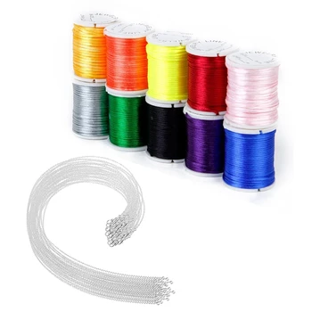 

10 Rolls Mixed Cord in Nylon Beads Chain of Thread & 30 Pack Necklace Chains with Clasp Bails Dangle Charms