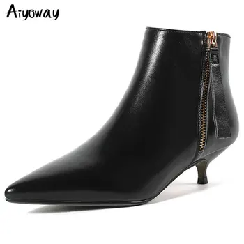 

New Cow Leather Low Heels Women Ankle Boots Spring Autumn Black White Pointed Toe Office Ladies Dress Shoes Boots Aiyoway