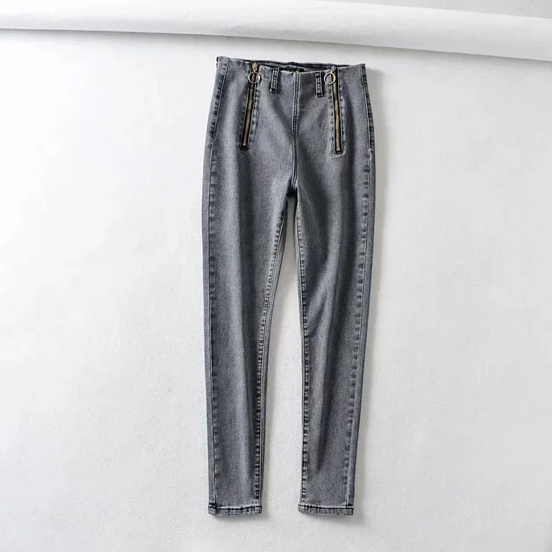 Высокая эластичность, базовые сексуальные обтягивающие джинсы для женщин, осень, стильные, высокая талия, двойная молния, узкие джинсы, женские джинсы - Цвет: Серый