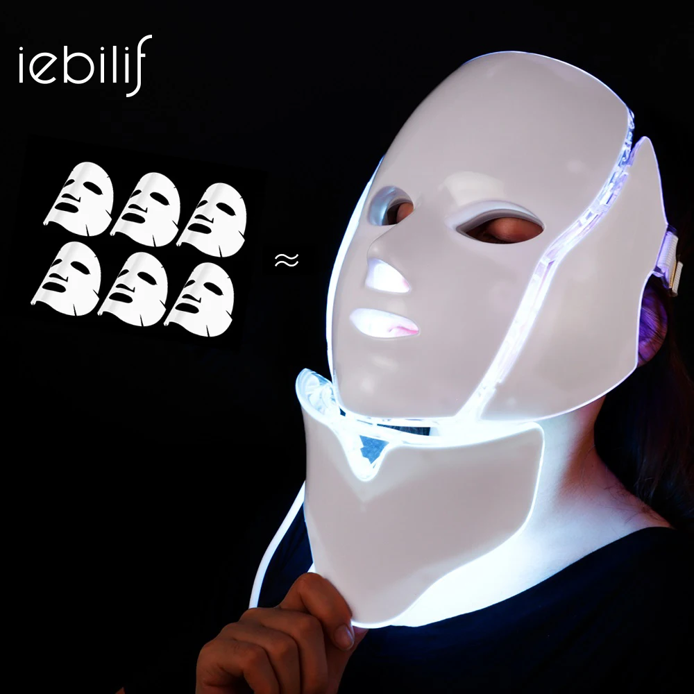 Светодиодная маска для лица, 7 цветов, фотонный светильник, светодиодная маска с омоложением кожи шеи, против морщин, отбеливание акне, Лечение красоты