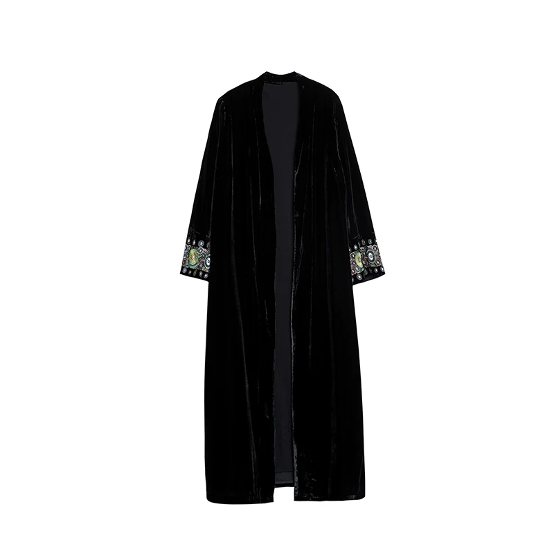 Рукав изысканная вышивка винтажное бархатное кимоно Тренч женский v-образный вырез средняя длинная куртка-ветровка верхняя одежда
