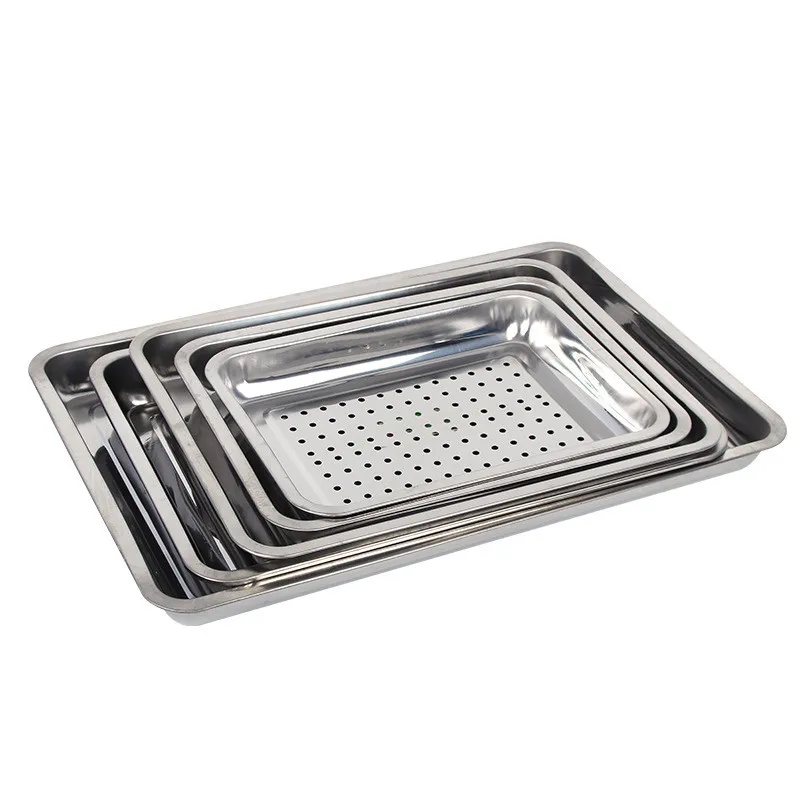 Stainless Steel Rectangle Hollow Drain Tray Thickened Fruit Vegetables Storage Plate Oil Water Filter Pan Kitchen Accessories 6