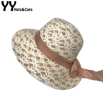 

YY Double Color Weaving Beach Cap Women Summer Tea Party Hat Wide Brim Sun Visor Beach Cap With Long Ribbon CM19035