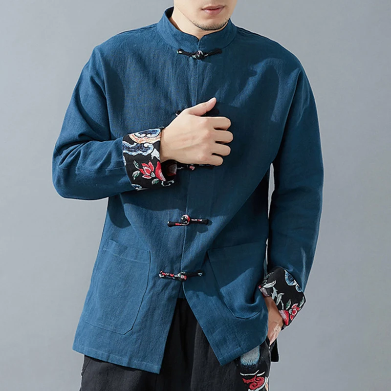 Мужские льняные рубашки с длинными рукавами и застежкой в виде лягушки, китайский стиль, мужские повседневные рубашки с воротником-стойкой - Цвет: Navy Blue