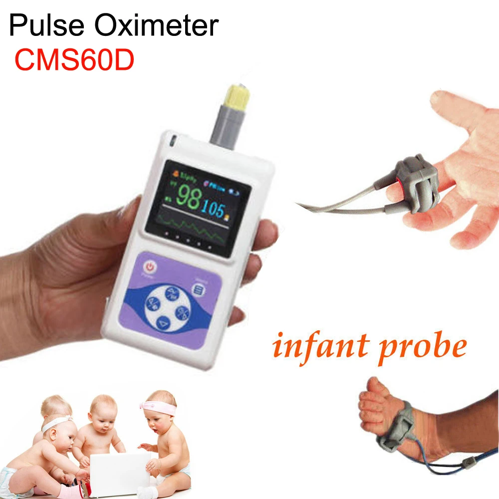 CMS60D Hand-Held OLED Neonatal Finger Tip Pulse Oximeter Blood Oxygen SPO2 PR HR Monitor+Neonatal Wrap SPO2 Probe+PC Software