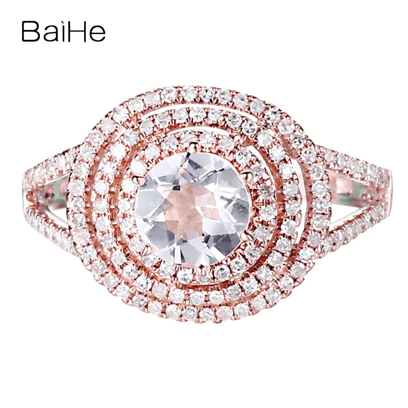 BAIHE Real Solid 14K Rose Gold Genuine Morganite Ring SI/H Natural Diamonds Engagement Fine Jewelry Making Кольца Морганіт |