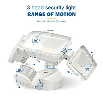

3 Heads 42W Outdoor Motion Sensor Security Light PIR Spotlight Flood Light Waterproof Adjustable Lighting LED Security Light