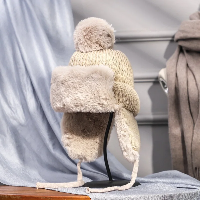 Fashion Cute Warm Winter Knitting Beanies Bomber Hat Women Earflap Caps Pompom Snow Hats Ski Cap Skullie Lady Outdoor Travel Hat