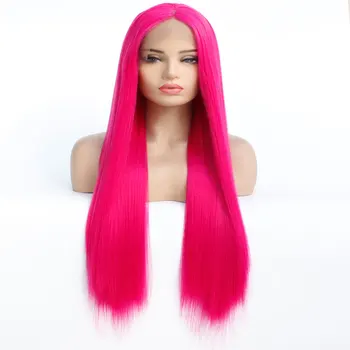 

Rose Pink Synthetic Lace Front Wig Silky Straight Hand Tied Heat Resistant Fiber Free Part Natural Hairline Hair For Women Girls