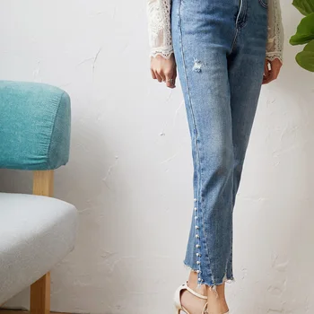 

New Pearl jeans new female 2020 spring nine minutes of pants fashion show thin cultivate morality straight canister