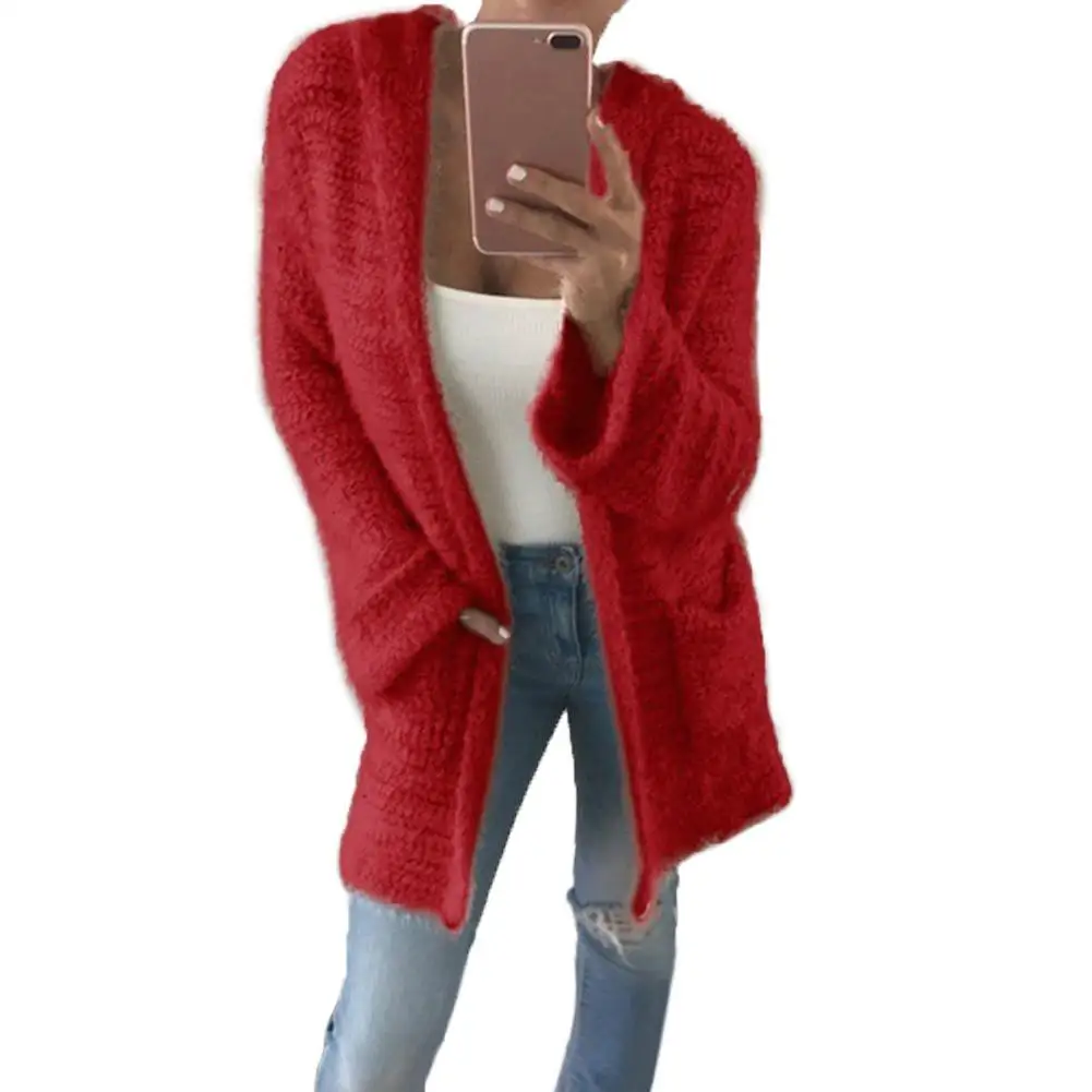 Winter Warm Thick Cardigans Sweaters Women Top Solid Color Two Pockets Hooded Cardigan Loose Long Knitted Coat Ladies |