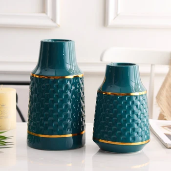 

Modern Green Blue Ceramic Flower Vase Embossed Design Centerpiece Home Decoration Gold Plated Dried Floral Vase 8/10 inch