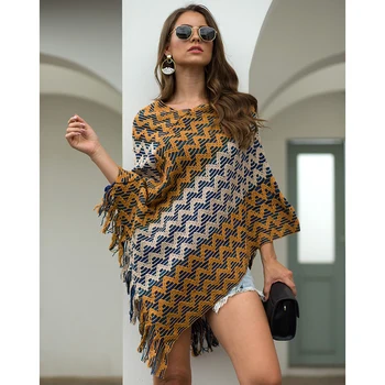 

Korean plus-size version of the new jacquard retro wavy fringed cape cape sweater and sweater