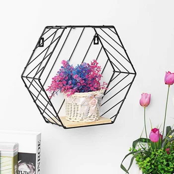 

4 Colors Modern Nordic Iron Wood Hexagonal Grid Wall Shelf Combination Wall Hanging Figure Wall Shelf Decoration Storage Rack