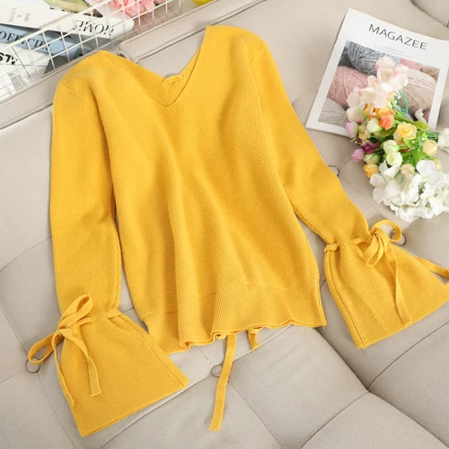 yellow Neploe, v-образный вырез, фонарь, длинный рукав, низ, вязаный свитер, шнуровка, бант, дизайн, однотонный пуловер, Pull Femme Hiver, свободный, прямой, Sueter - Цвет: yellow